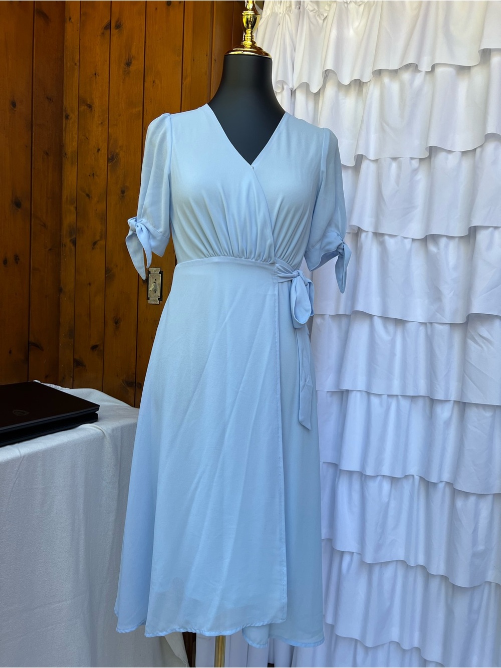Arbor Pale Blue Wrap Midi Dress with Tie Sleeves B3#24